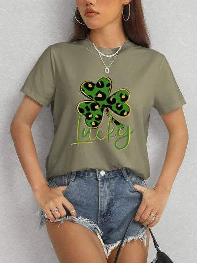 Lucky Clover Round Neck Short Sleeve T-Shirt Women's T-Shirts - Tophatter Daily Deals